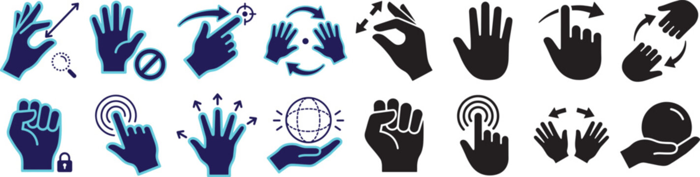 Hand Gesture and Touch Screen Interaction Silhouette Icon Set