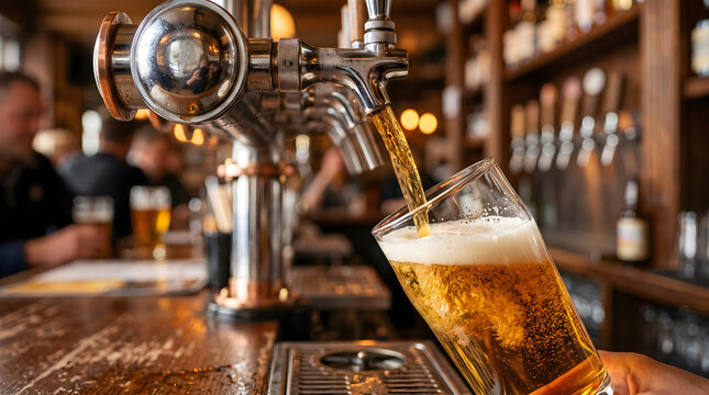 Golden draft beer being poured from a shiny metal tap into a glass in a warmly lit pub, weekend social leisure, craft brewing industry.
