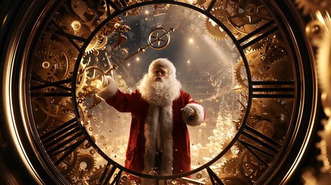 Christmas magic and holiday countdown concept Santa Claus standing inside a giant golden clock mechanism with rotating gears and glowing particles