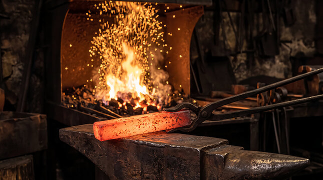 Glowing hot metal bar being heated in a forge fire at a workshop