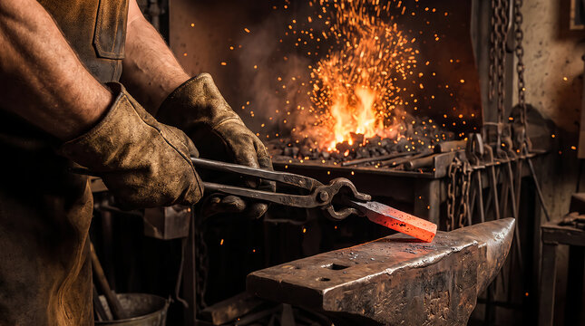Blacksmith working with glowing hot metal on an anvil in a dark workshop