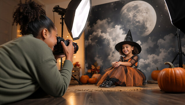 Female photographer taking a picture of a smiling young girl in a witch costume. Behind the scenes of a children's Halloween studio photoshoot with pumpkins and moon backdrop