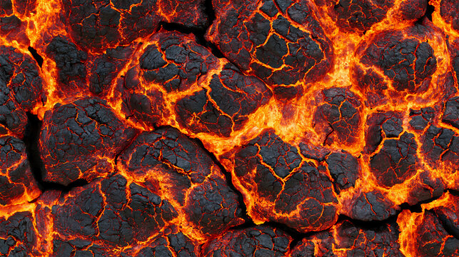 Glowing orange molten lava texture with cracked dark crust background. AI gen