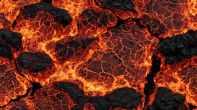 Glowing orange molten lava texture with cracked dark crust background. AI gen