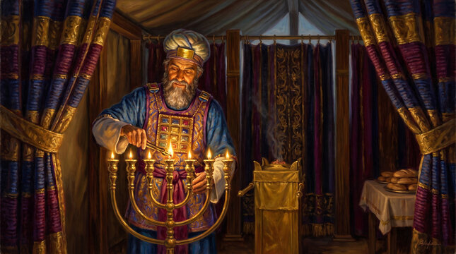 Aaron the high priest kindles the seven-branched golden lampstand in the Tabernacle at dusk, oil painting of the Old Testament story