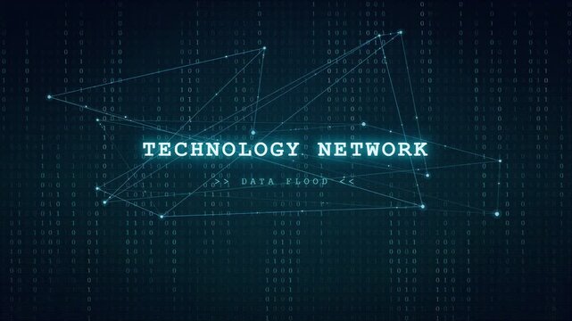 Abstract digital technology network animation with binary code background and connected data points