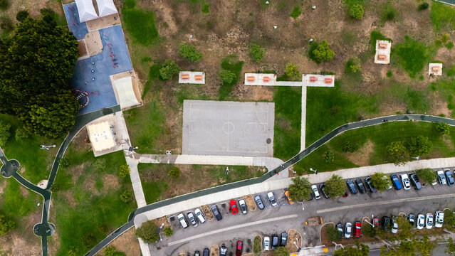 Aerial view of the basketball court and parking area within Baldwin Hills in Los Angeles, California, United States.