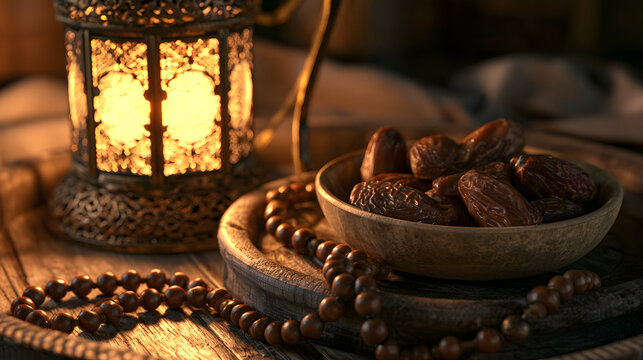 Corrected sentence:
Ramadan tradition: A wooden tray holds a vintage lantern, a bowl of dates, and prayer beads, evoking the spiritual essence and festive spirit of Ramadan.