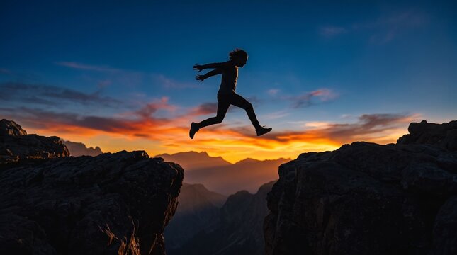 Close-up silhouette of a man jumping across a gap in a cliff, captured with a long lens and compressed perspective.