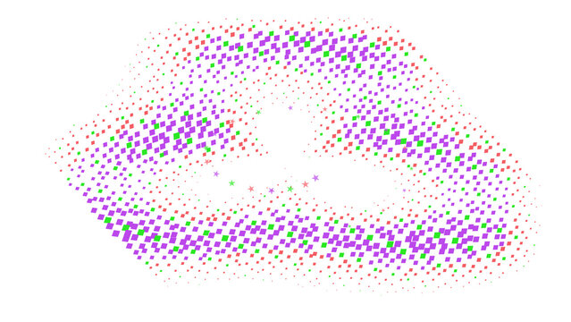 Symmetrical abstract halftone pattern featuring purple and green square pixels arranged in a lip shape on a solid black background isolated on a transparent background