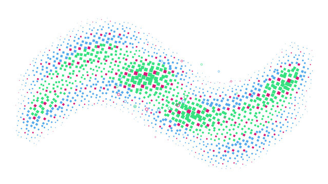 Wavy halftone pattern composed of small green, blue, and pink square pixels forming a flowing ribbon shape on a dark black background isolated on a transparent background