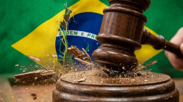 Gavel smashing into Brazilian flag, symbolizing legal crisis