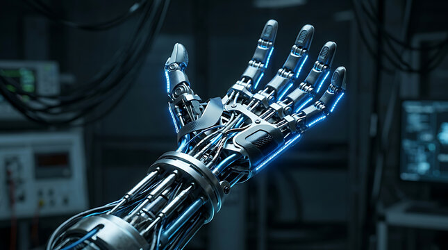 High-tech robotic bionic hand with illuminated blue circuitry reaching upward in industrial lab setting