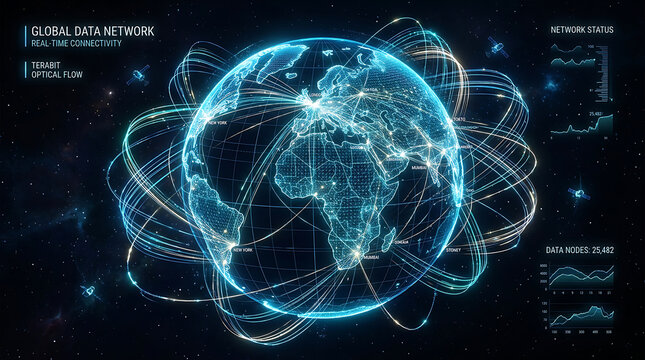 Global data network visualization illustrating interconnected nodes and digital infrastructure with transparent background