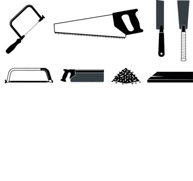 Hand saw vector set featuring traditional wood handsaws coping saw hacksaws Japanese pull saws wood block and pile of sawdust silhouettes