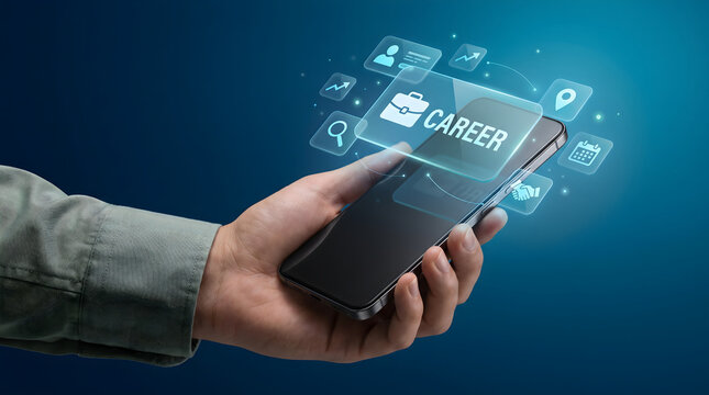 Hand holding a smartphone displaying glowing holographic application icons on a dark blue background, digital career concept, modern business technology.