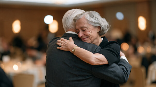 a senior couple dressed in formal evening wear sharing a slow tango dip at a december milonga event for national tango day, romantic celebration, ballroom atmosphere, older adults