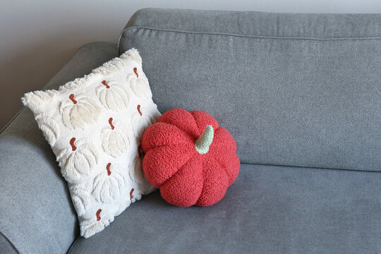 A red pumpkin-shaped cushion sits next to a cream pumpkin-patterned throw pillow on a gray sofa.
Concept of minimalist autumn accent.