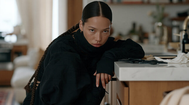 A woman with long braids dressed head to toe in a stealthy all-black outfit crouching theatrically behind a kitchen counter with foam throwing stars, playfully marking