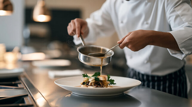 A chef in a professional restaurant kitchen ladling rich aromatic broth over a fully loaded french dip sandwich on national french dip day, au jus dipping sauce, comfort food