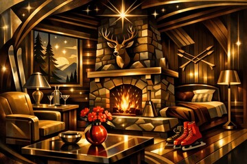 Fototapeta premium Cozy cabin winter retreat illustration.