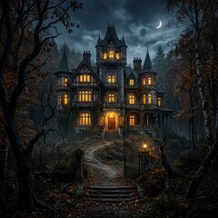Obraz premium Frontal Cinematic Portrait of Haunted Mansion Autumn Forest with Soft Divine Illumination and Commercial Copy Space