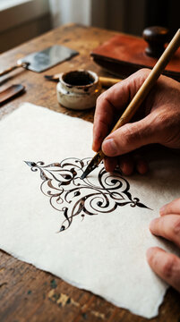Calligrapher hand drawing islamic ornament with traditional reed pen