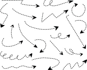 Obraz premium Collection of dashed black arrows in various curved, wavy, and looped styles, dynamic vector illustration symbolizing direction, movement, and flow for creative infographic and design projects