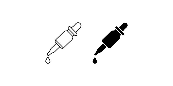 Dropper pipette with liquid drop icon pair in linear and solid black styles for medical or laboratory applications.