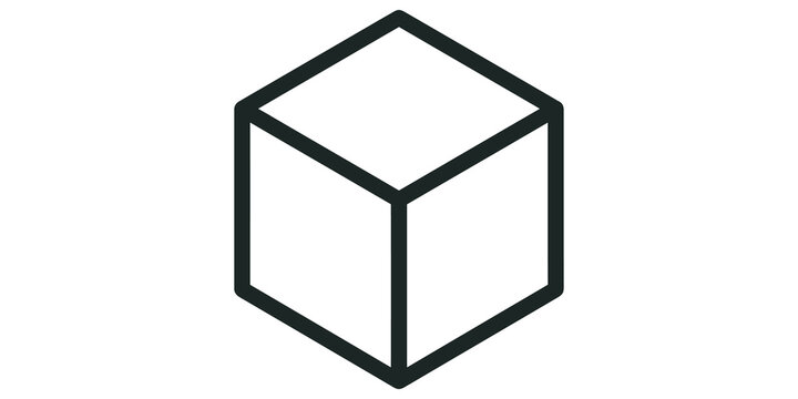 Simple isometric cube shape in thick outline style representing 3d object and geometric structure.
