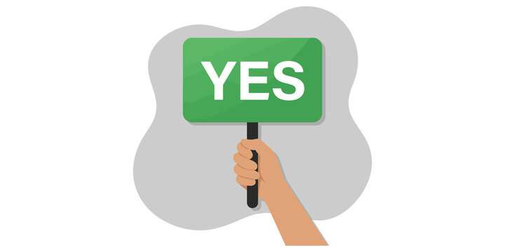 Human hand holding green yes sign board isolated on transparent background.
