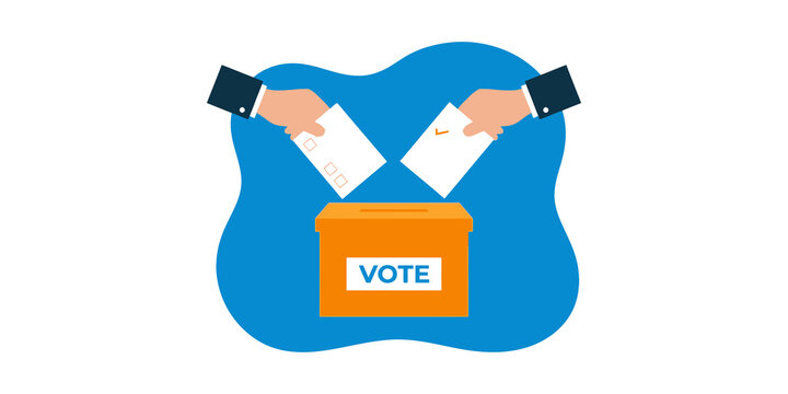 Hands dropping voting ballots into orange box for democratic election and political participation.