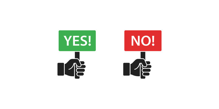 Hands holding yes and no signs in green and red for quick survey or binary decision making.