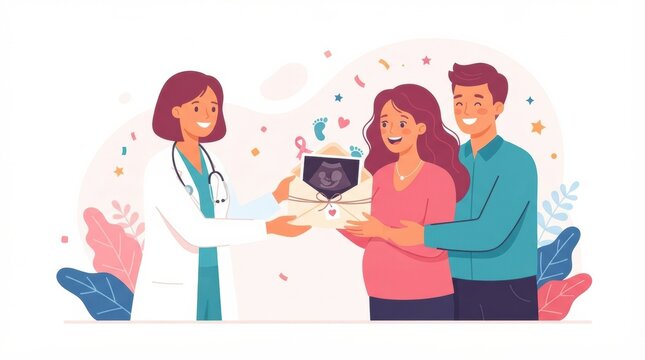 Family and friends gather to celebrate a baby using confetti and balloons while receiving a sonogram from a doctor.