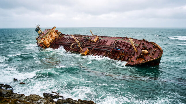 Capsized oil tanker ship wrecked on the rocky coastline during a stormy day with rough ocean waves