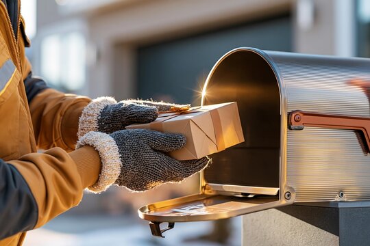 Delivery worker in warm winter uniform places wrapped package inside metal mailbox. Courier holding parcel with gloves delivers post to residential home exterior