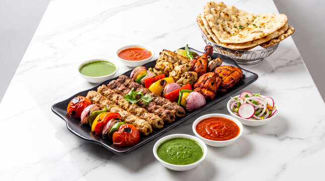 Assorted Indian barbecue kebab platter with naan bread and dipping sauces served on a marble table