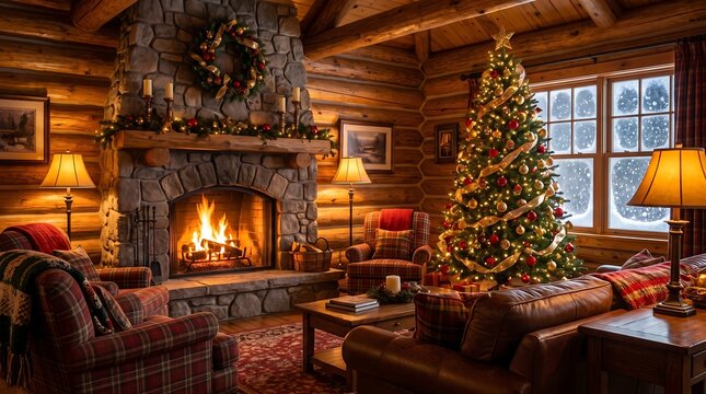 Cozy Rustic Log Cabin Interior Featuring a Sparkling Christmas Tree and a Warm Stone Fireplace