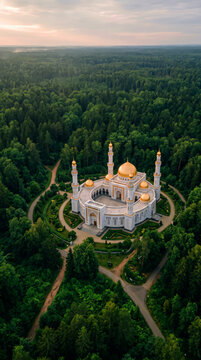 Aerial vertical view of white mosque with golden dome in pine forest