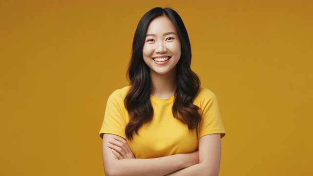 明るい黄色のTシャツを着た女性が胸前で腕を組み正面へ柔らかく笑う