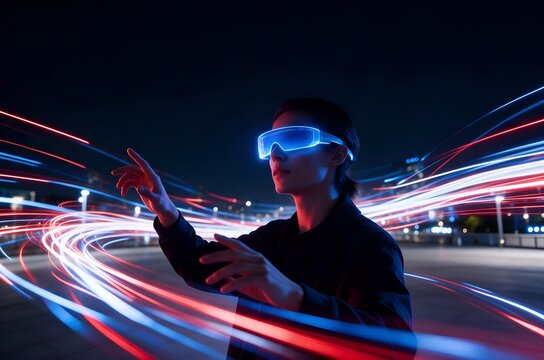 Futuristic Experience with Virtual Reality Goggles Woman Interacting with Digital Interface Surrounded by Light Trails