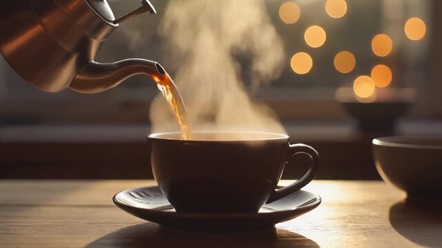 急須から落ちる琥珀色の熱い湯が陶器カップに入り白い蒸気が渦巻く