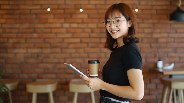 丸眼鏡の女性が胸元でタブレットを支え紙カップを手に横顔で笑う