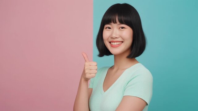 黒髪ボブの女性が胸の横で親指を上げ横顔に自然な微笑みを浮かべる