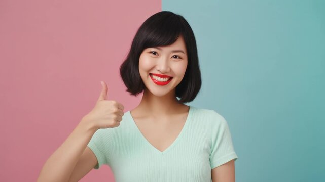 ミント色のトップスを着た女性が肩の高さで親指を立て爽やかに笑う