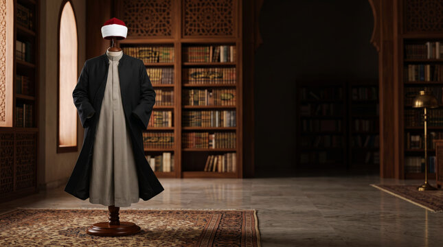 Traditional islamic azhar scholar robe and turban on wooden mannequin