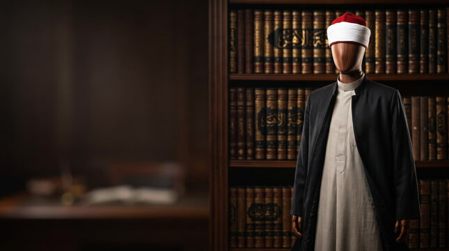 Azhari scholar costume with red turban on wooden mannequin in library
