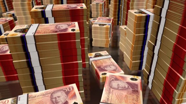 Great Britain pound sterling english money notes packs loop. 3D flight over UK 50 GBP banknotes stacks towers. Loopable seamless abstract background concept of business, economy crisis and finance.