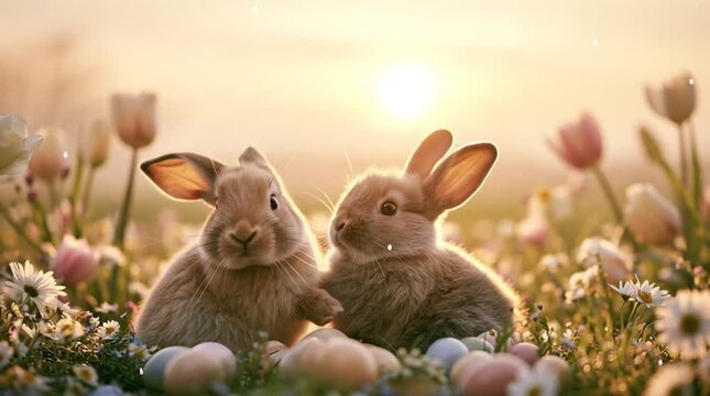 Easter celebration and spring season concept two cute baby bunnies sitting in a field of flowers with colorful eggs at sunset cinematic lighting