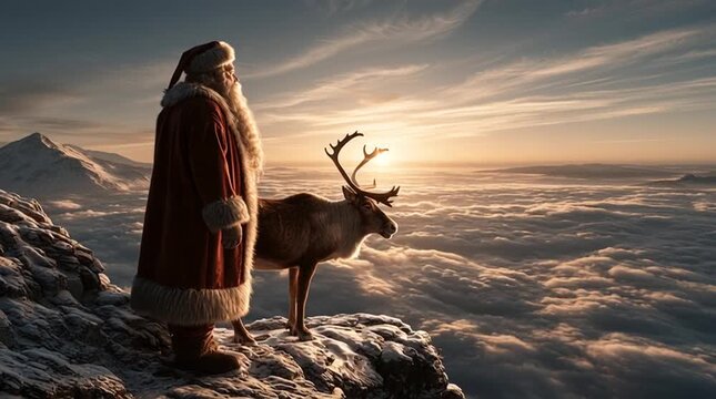 Christmas magic and holiday spirit Santa Claus with reindeer standing on a snowy mountain peak above clouds at sunrise cinematic winter landscape